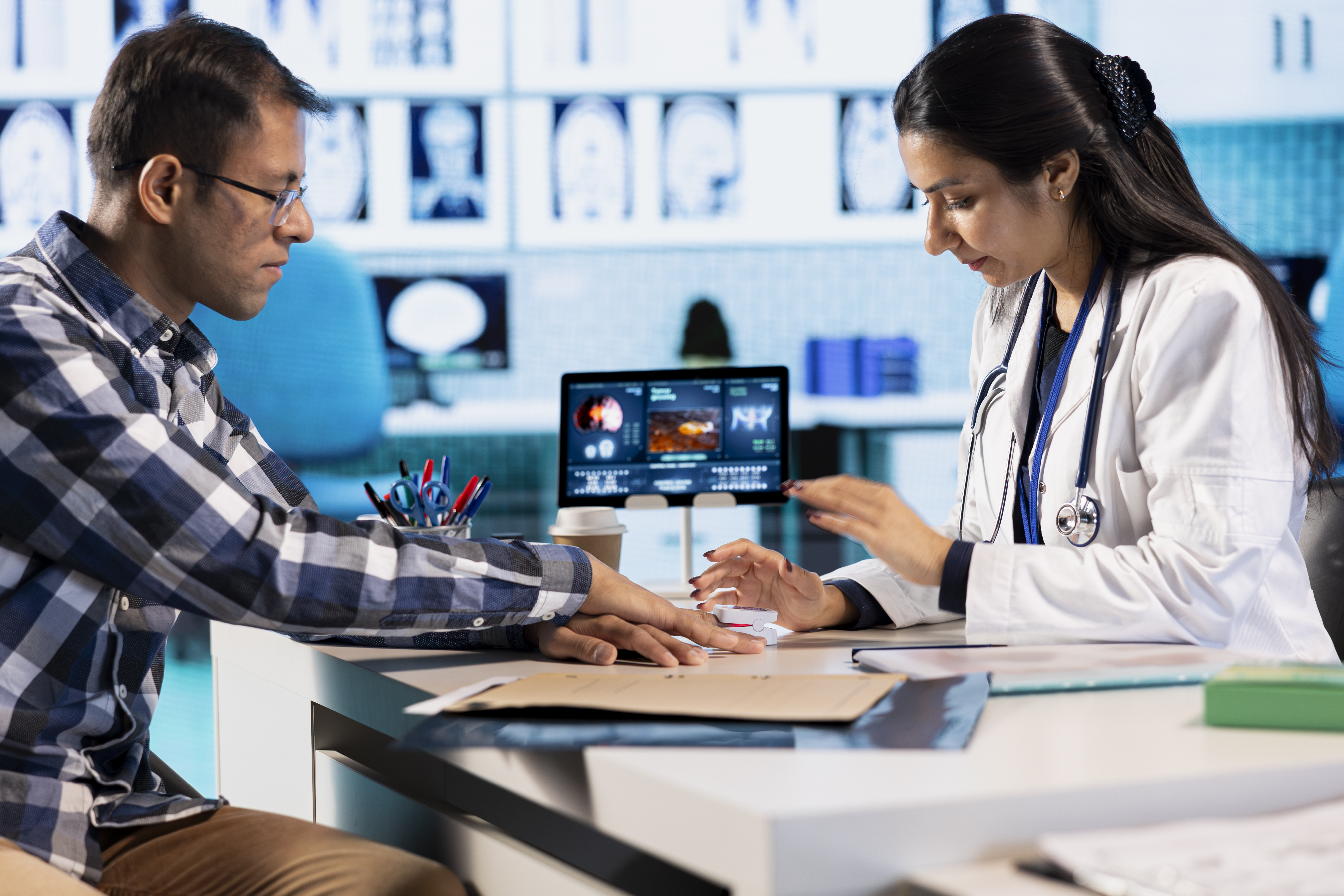 A doctor consulting with a patient in a modern clinic